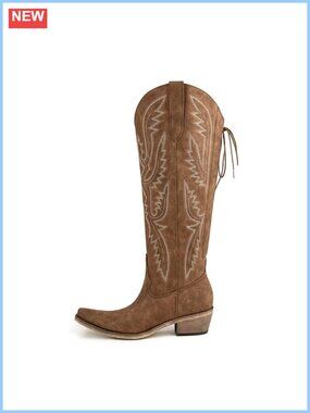 Wide Calf Knee High Faux Leather Cowboy Boots Lace Up Embroidered